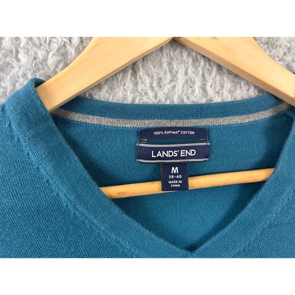 Lands’ End Supima Cotton V-Neck Sweater Men’s Medium Teal Long Sleeve Knit - Picture 2 of 6